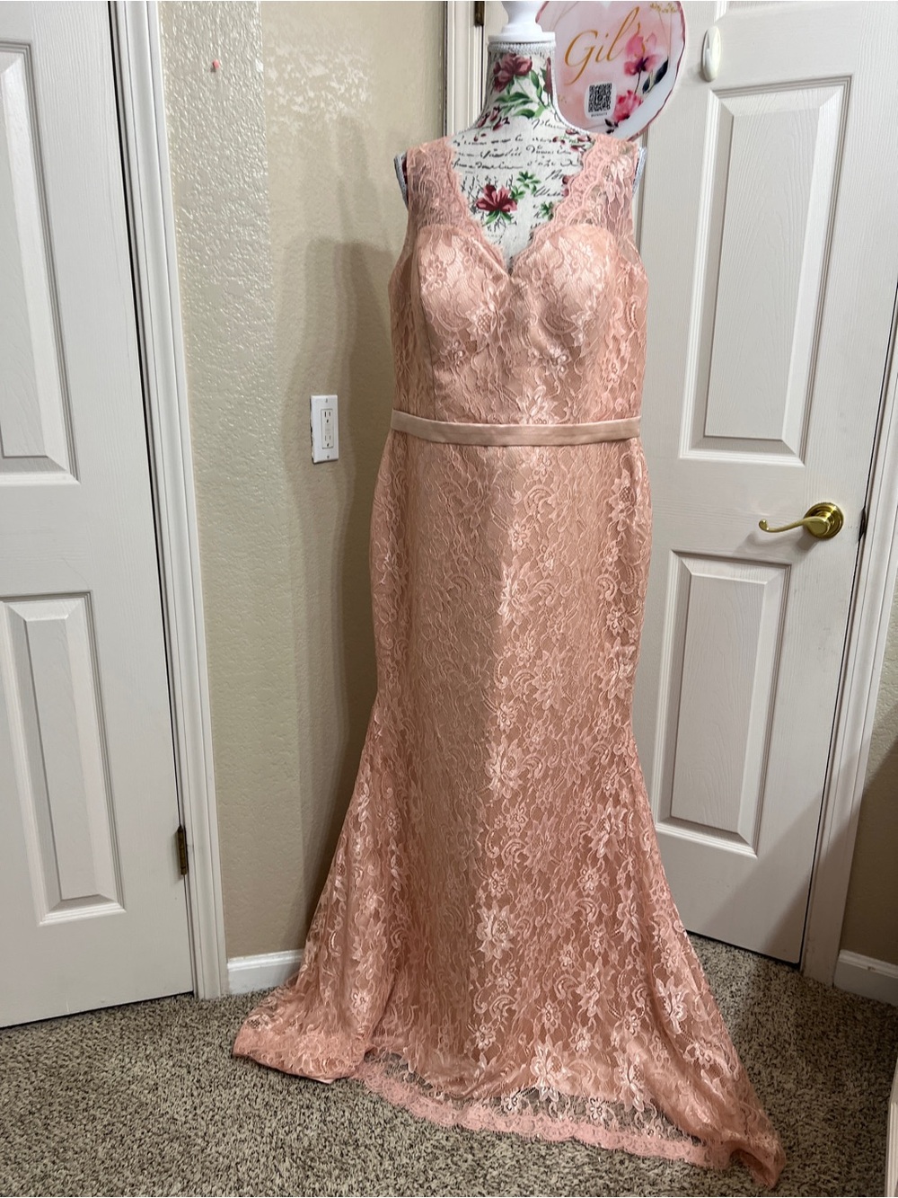 Blush Lace V-Neck prom Dress with Satin Waistband